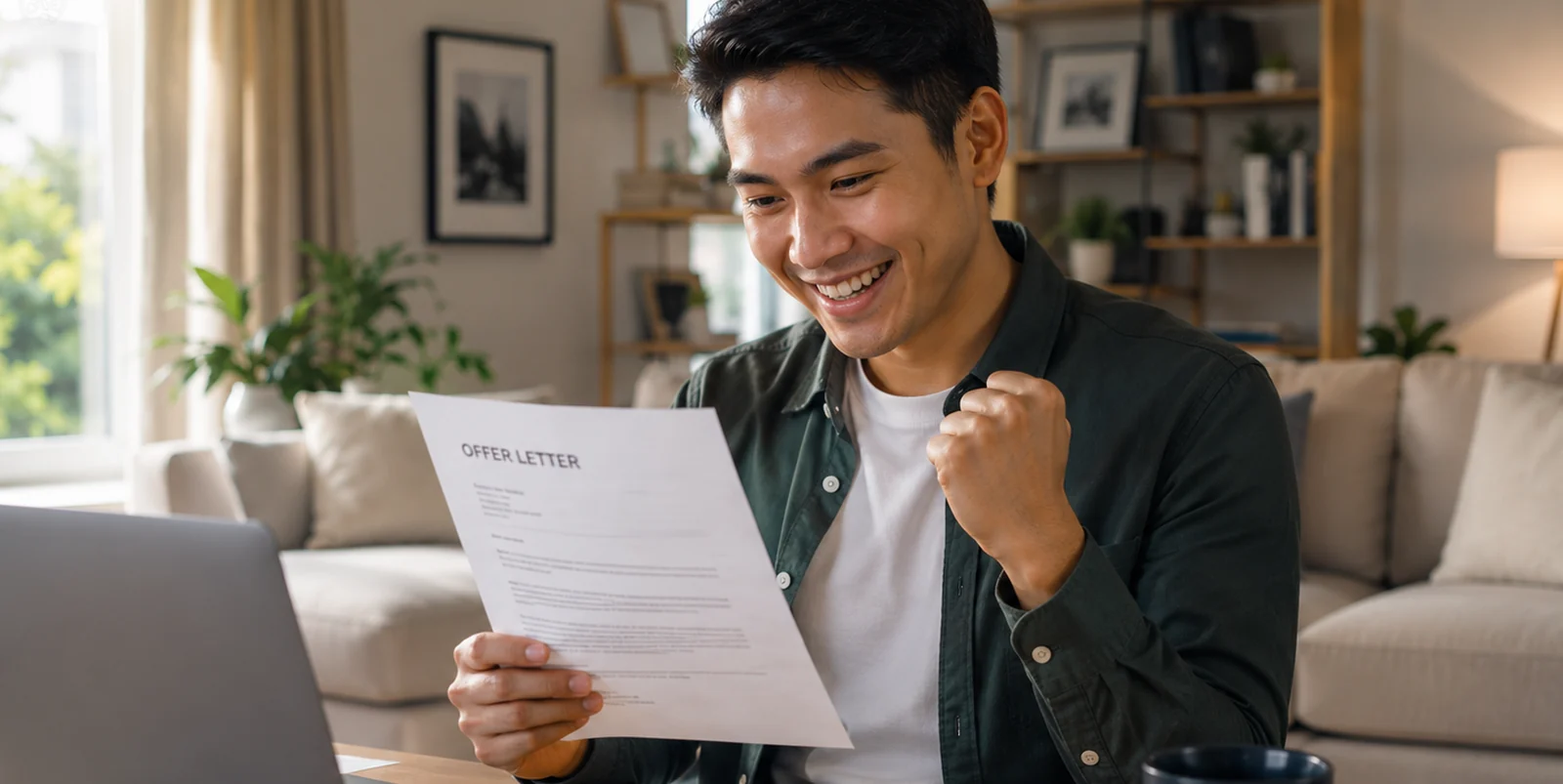 A young professional smiling at a job offer letter at home