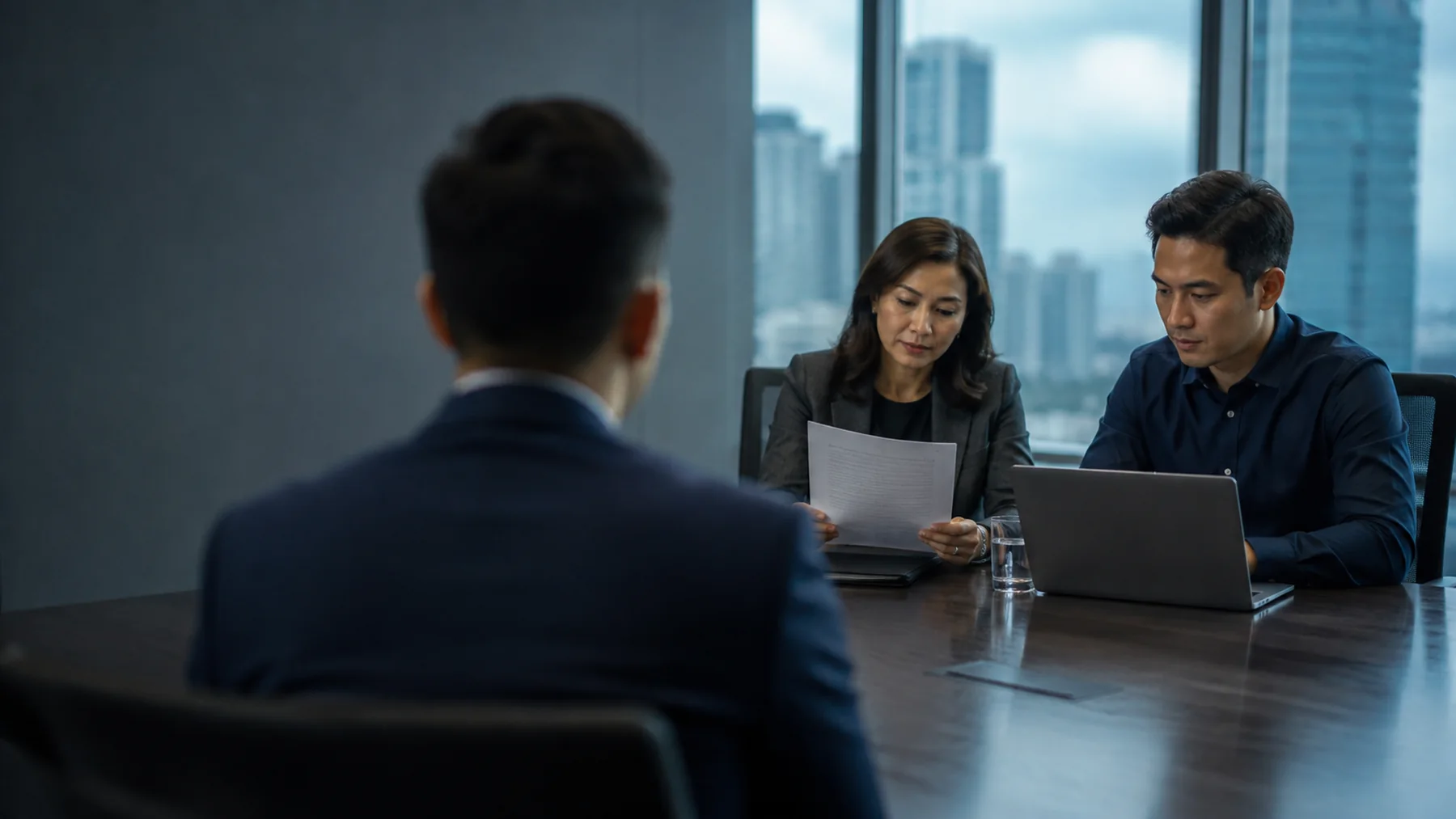 A hiring panel reading a candidate's CV across a meeting room table, seen from behind the candidate