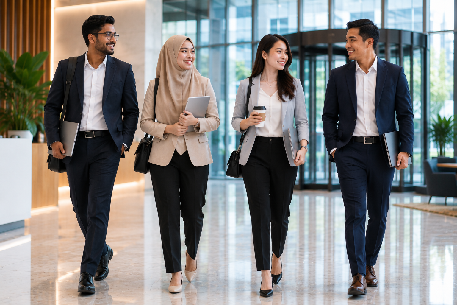 Young Malaysian professionals walking confidently in a modern office lobby